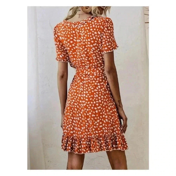 🆕Boho Trendy Orange & White Abstrac Dot Surplice Dress M🆕 - Picture 2 of 11